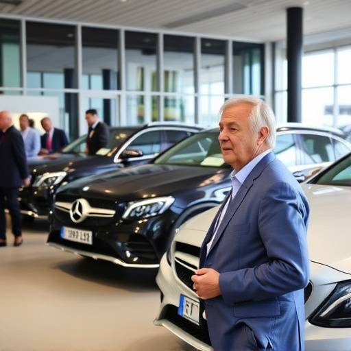 A group of people attending Apex Auto Group's annual charity event with a Mercedes-Benz in the background