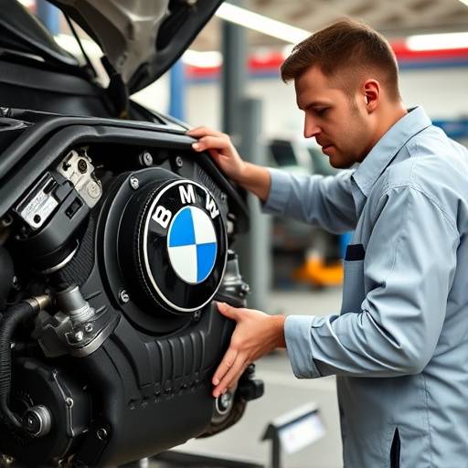 A mechanic performing maintenance on a BMW engine in Apex Auto Group's service center