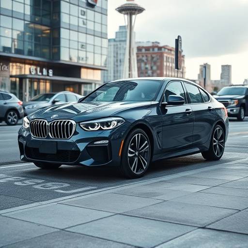 A sleek BMW i4 charging at a public charging station in downtown Seattle