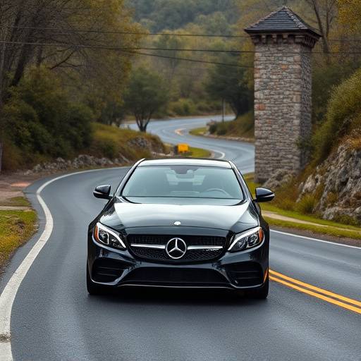 Black 2022 Mercedes-Benz C-Class coupe on a winding road