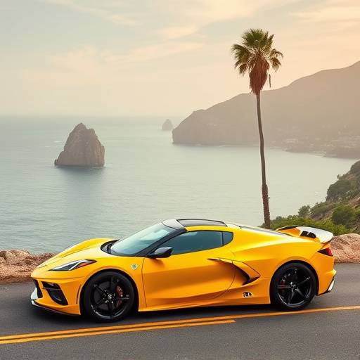 Bright yellow 2023 Chevrolet Corvette parked on a scenic coastal road