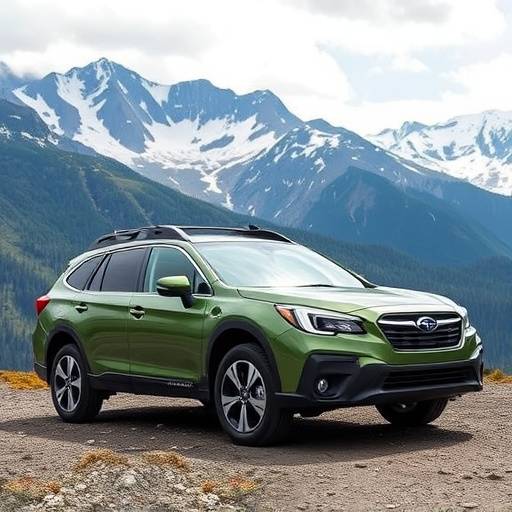 Dark green 2021 Subaru Outback parked in front of mountains
