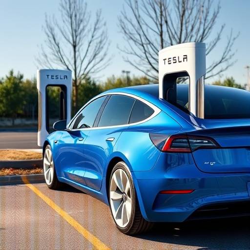 Metallic blue 2024 Tesla Model 3 charging at a charging station