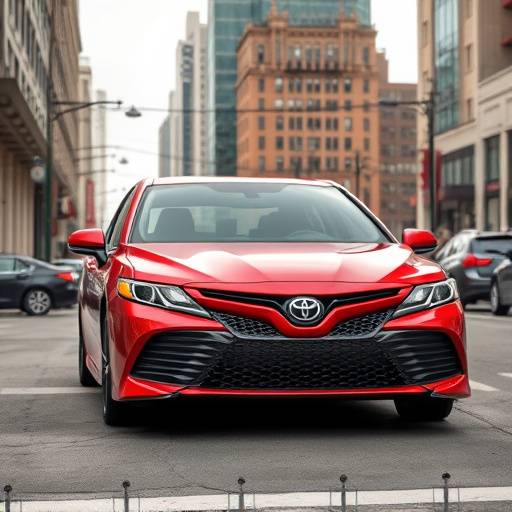 Red 2024 Toyota Camry sedan parked downtown