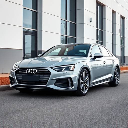 Silver 2023 Audi A4 sedan parked in front of a modern building