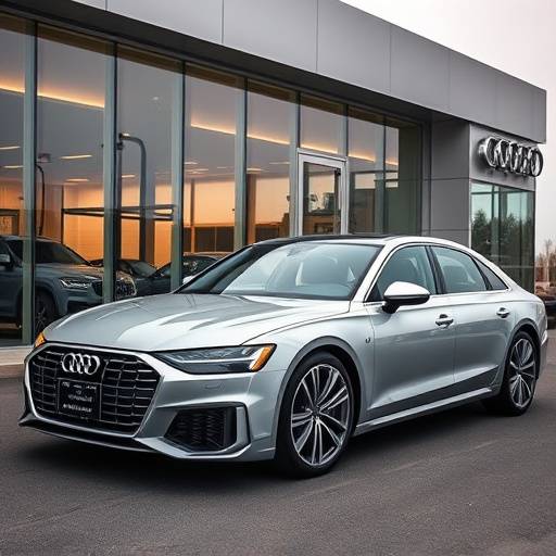 Sleek silver 2024 Audi A8 sedan parked in front of the dealership