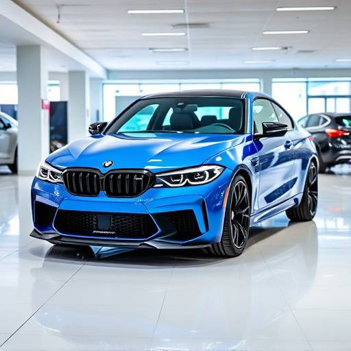 Sporty blue 2023 BMW M3 coupe on display in the showroom